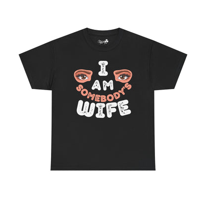 Black t-shirt with graphic text and eyes on a white background