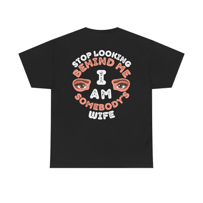 Black t-shirt with graphic design and text on a white background