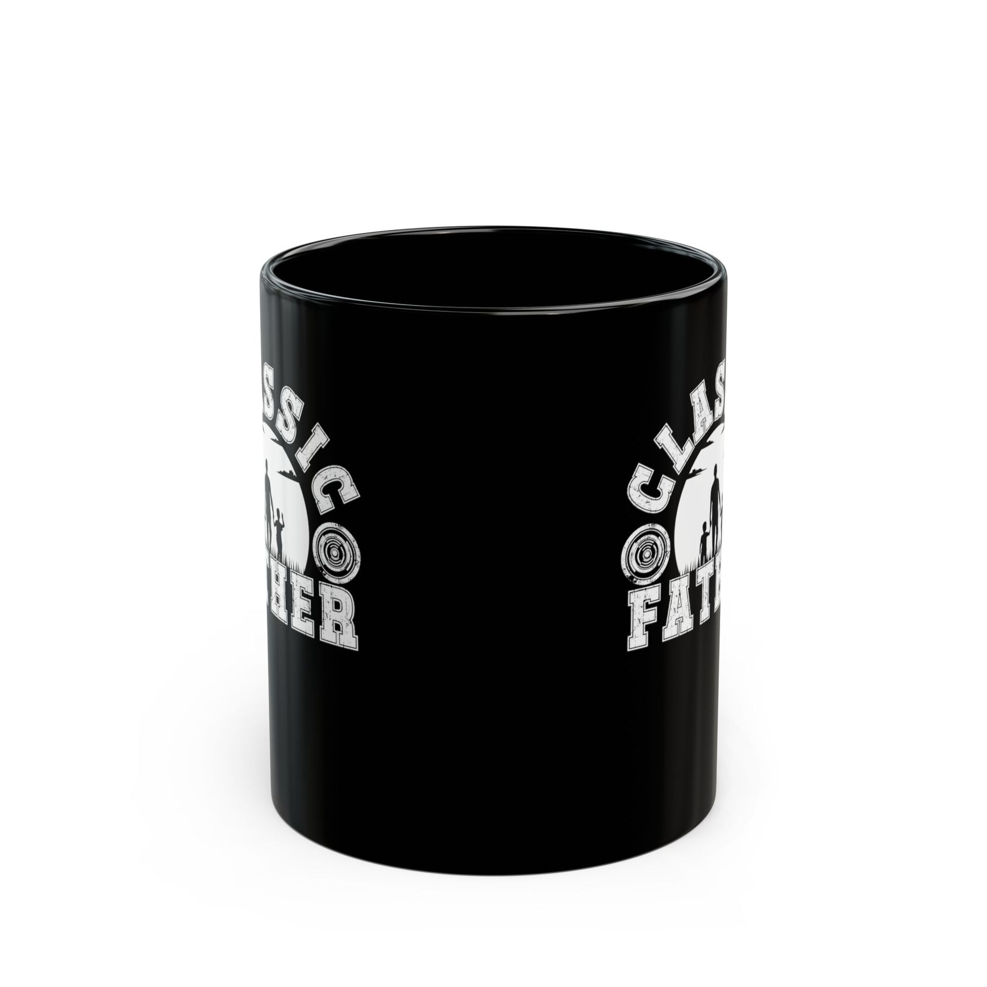 Black mug with white text on a white background