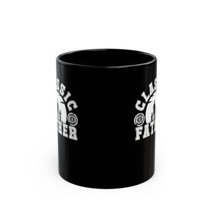 Black mug with white text on a white background
