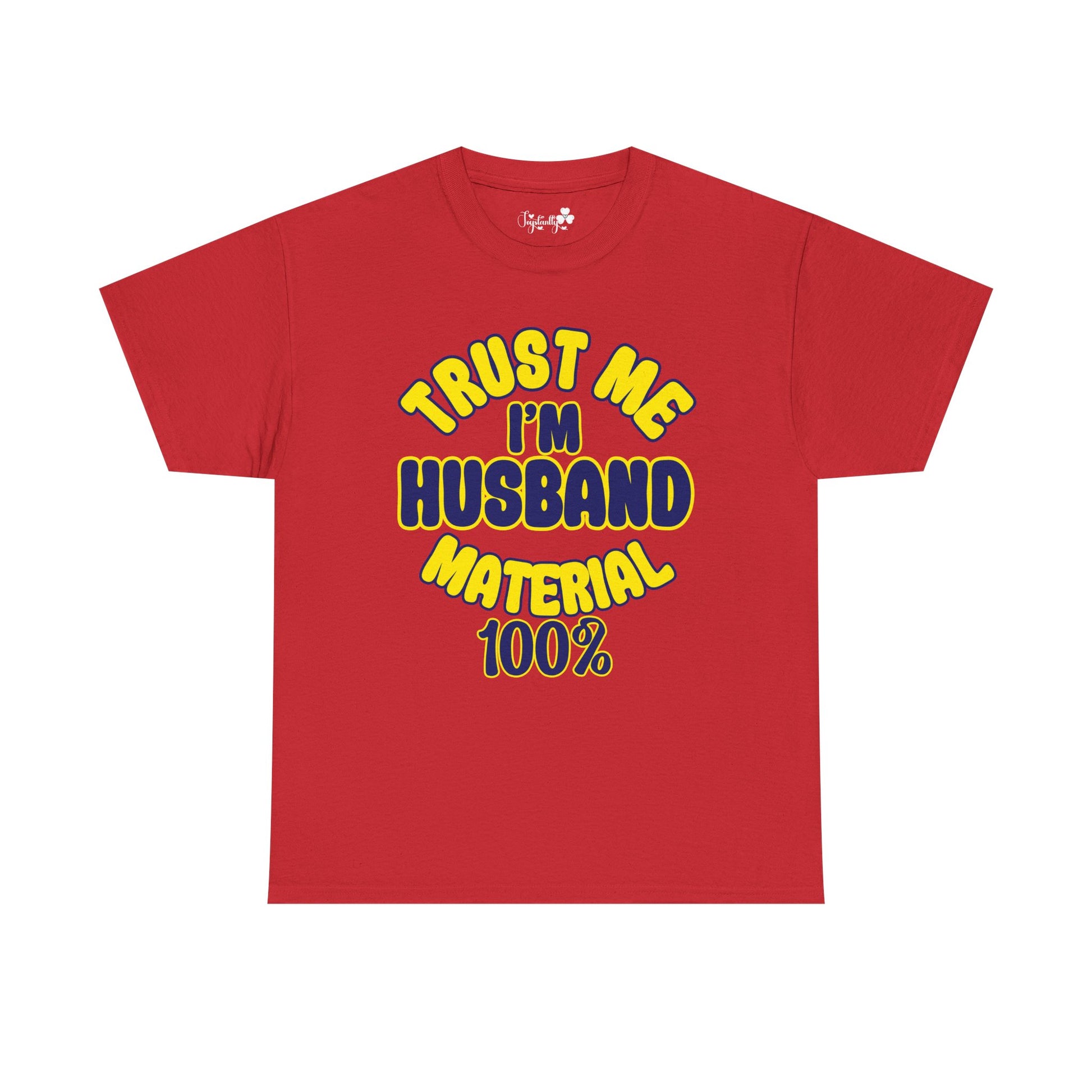 Red t-shirt with yellow and blue text on a white background