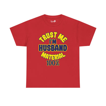 Red t-shirt with yellow and blue text on a white background