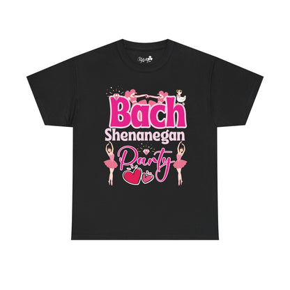 Black t-shirt with pink and white text and graphics on a white background