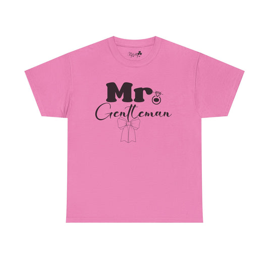 Pink t-shirt with 'Mr. Gentleman' text and graphic on a white background