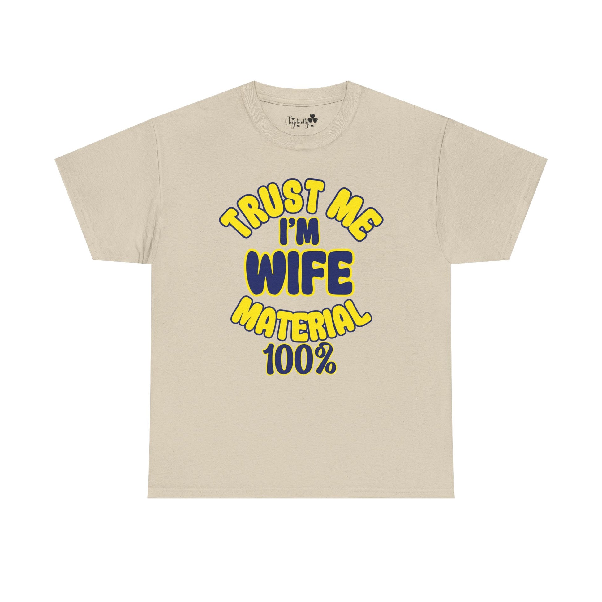 Beige t-shirt with yellow and blue text on a white background