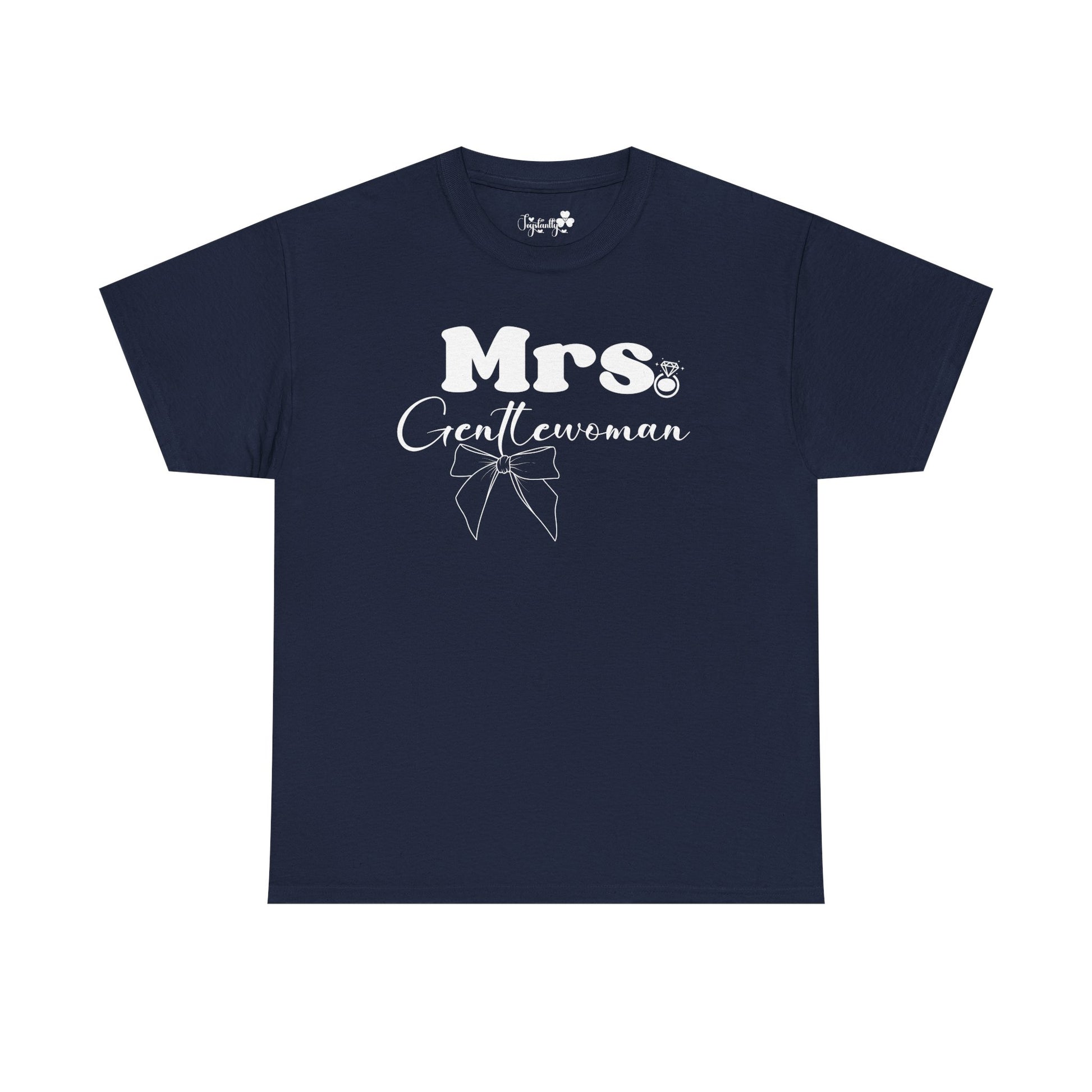 Navy blue t-shirt with 'Mrs. Gentlemom' text and bow graphic on a white background