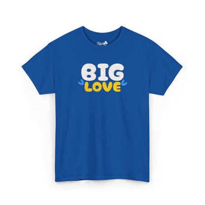 Christmas Gift for women. Valentine’s Day Gift for women. Blue t-shirt with 'BIG LOVE' text on a white background