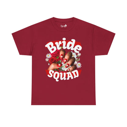 Red t-shirt with 'Bride Squad' graphic on a white background