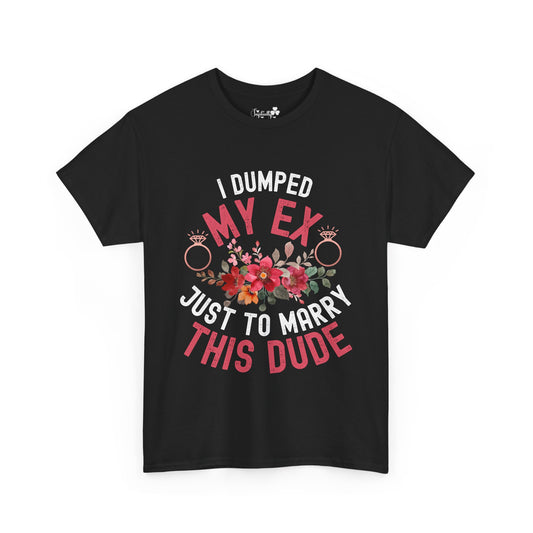 Black t-shirt with colorful text and floral design on a white background