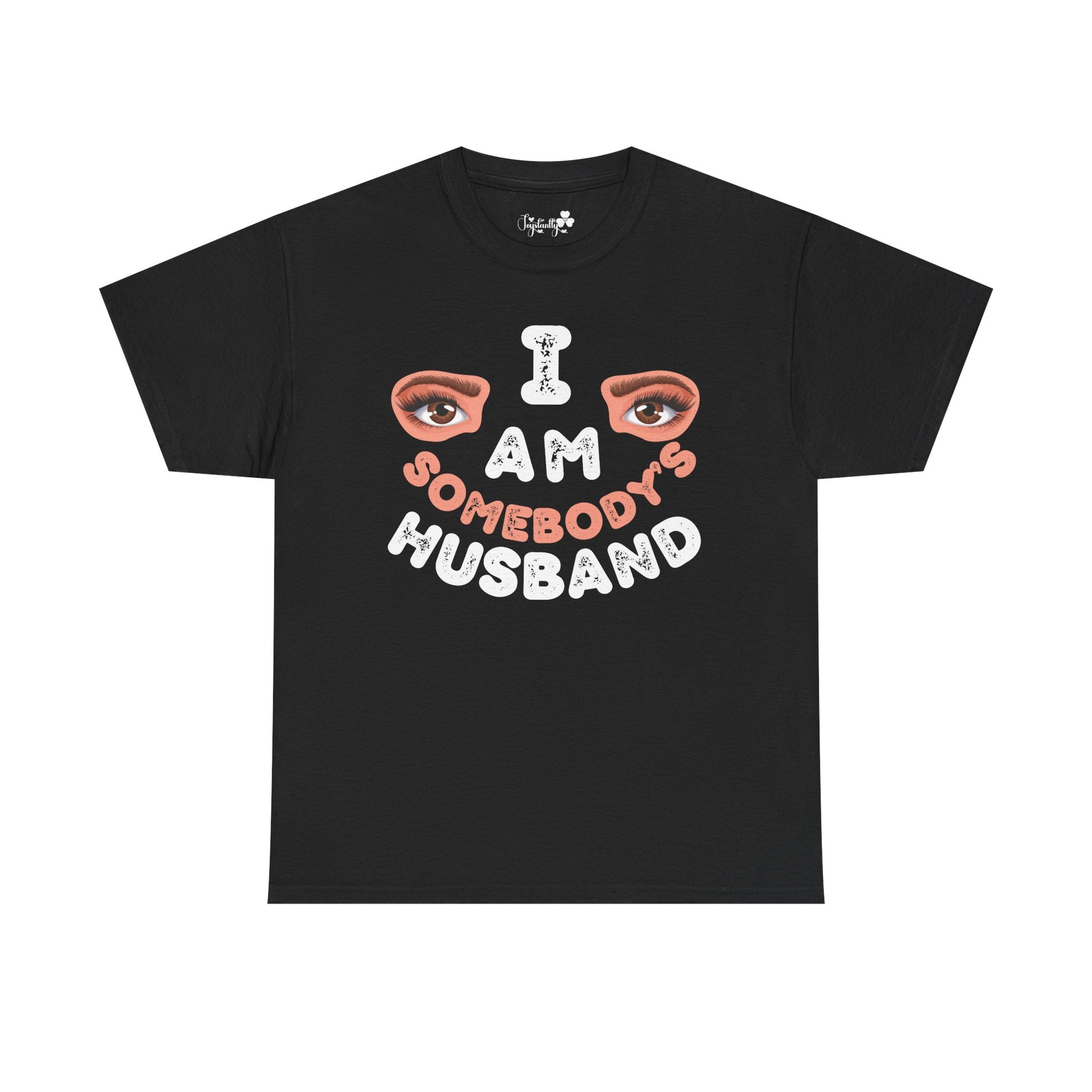 Black t-shirt with graphic design and text on a white background