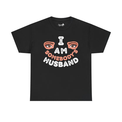 Black t-shirt with graphic design and text on a white background