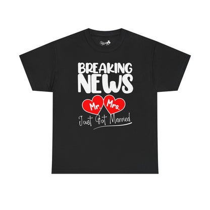 Black t-shirt with 'Breaking News Mr Mrs Just Got Married' text and hearts on a white background