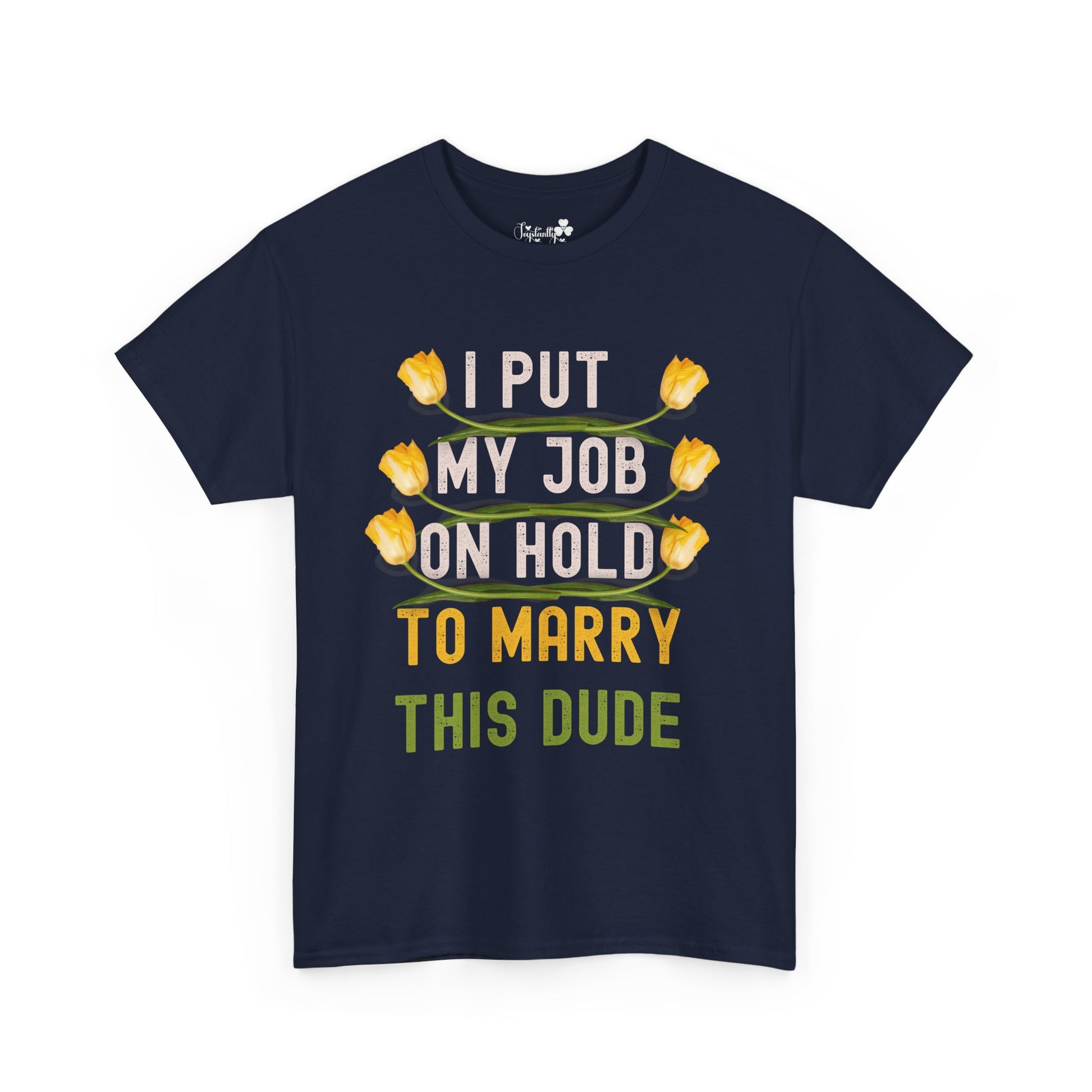 Navy blue t-shirt with yellow and green text and graphics on a white background