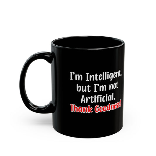 Black mug with humorous text on a white background