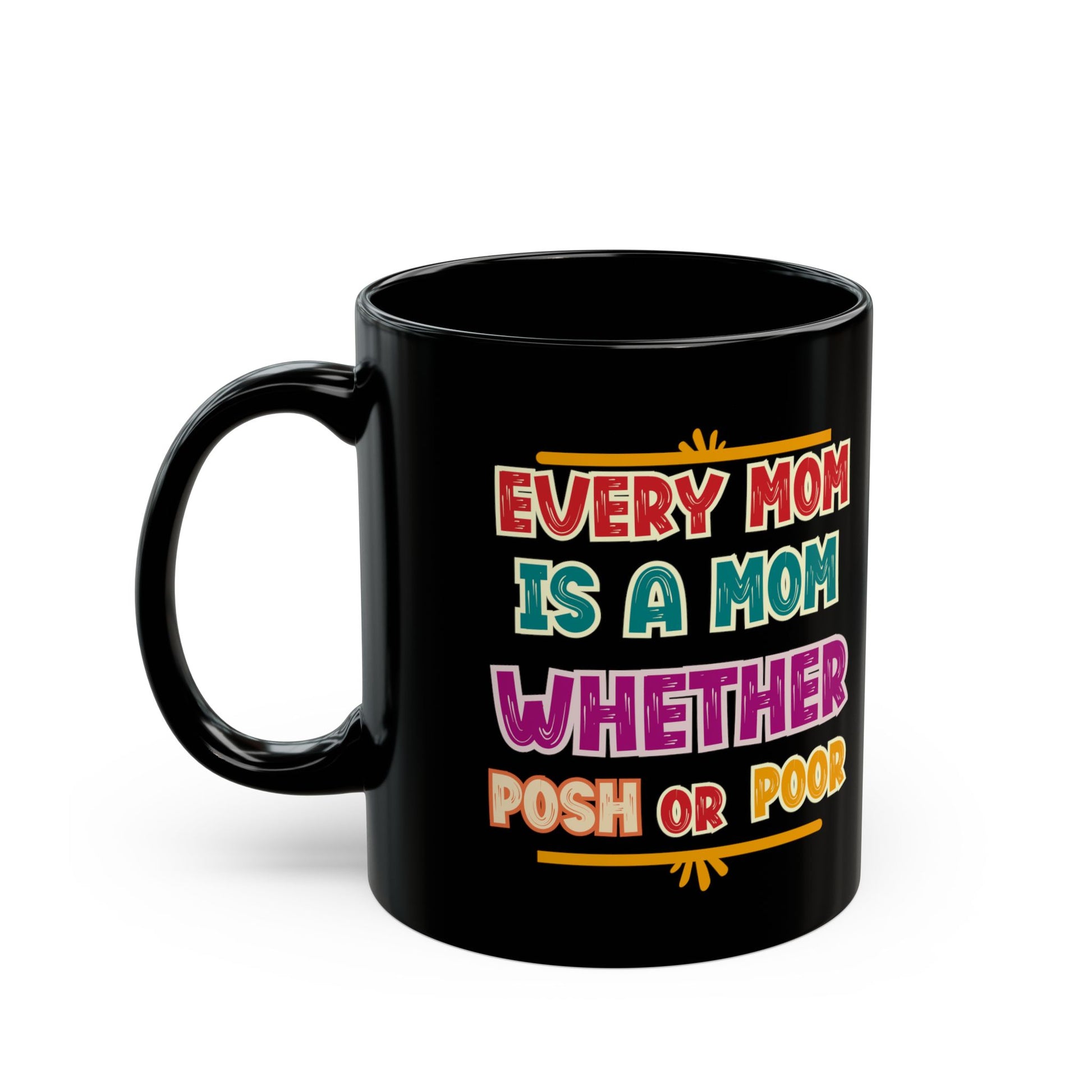 Black mug with colorful text design on a white background