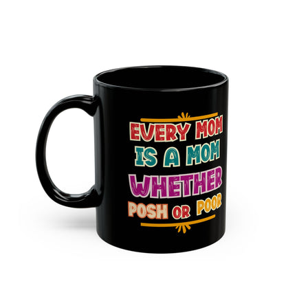 Black mug with colorful text design on a white background