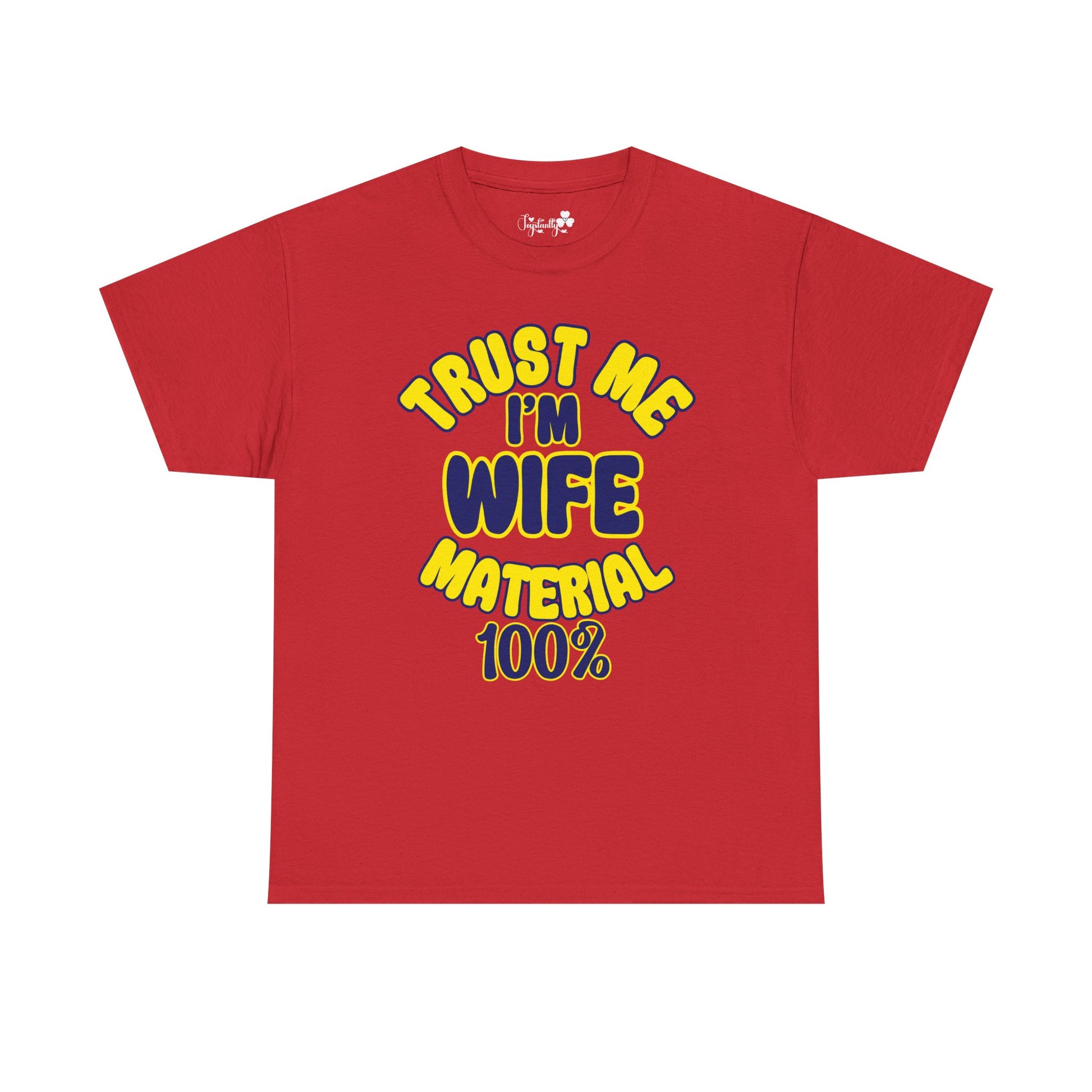 Red t-shirt with yellow and blue text on a white background