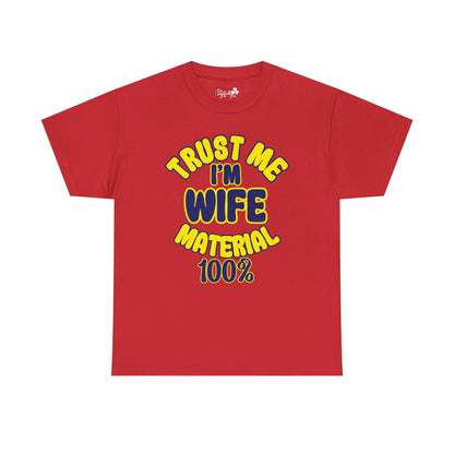 Red t-shirt with yellow and blue text on a white background