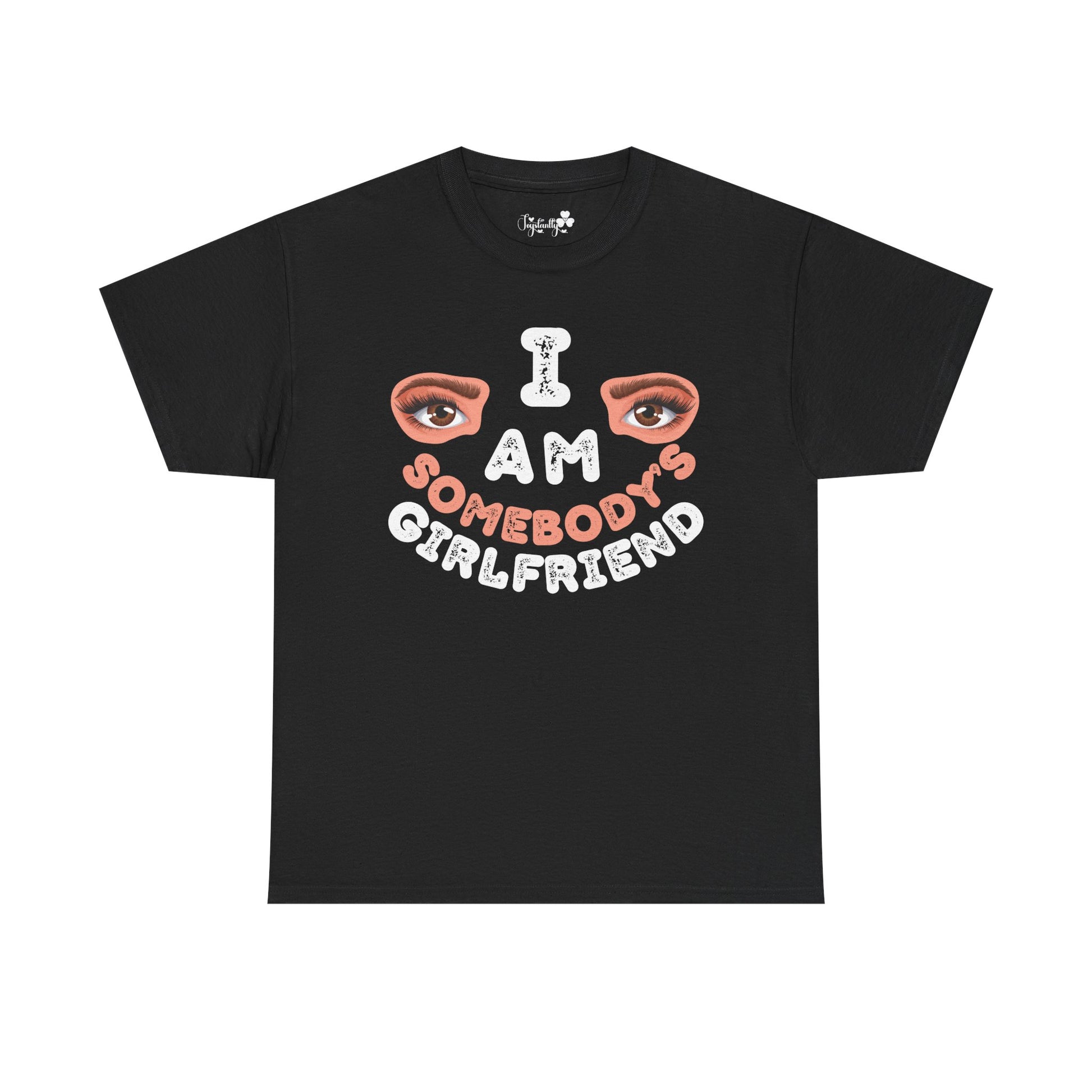 Black t-shirt with graphic design and text on a white background