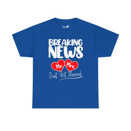 Blue t-shirt with 'Breaking News Mr. Mrs. Just Got Married' text and hearts on a white background