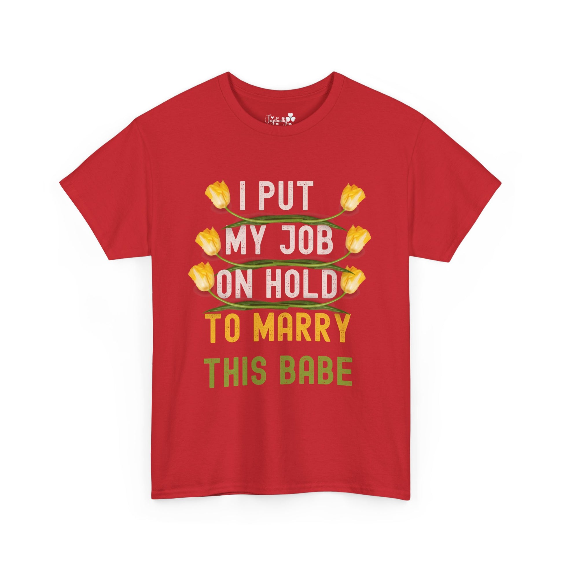 Red t-shirt with floral design and text on a white background