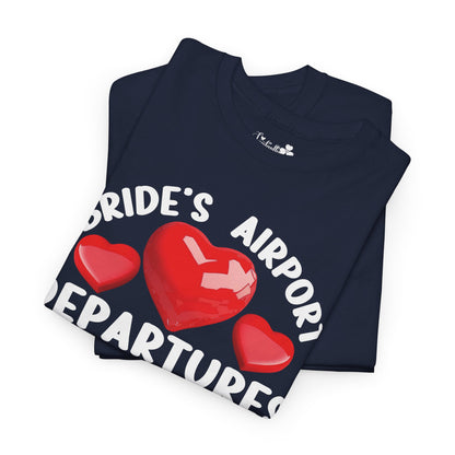 Folded navy blue t-shirt with red hearts and white text on a white background