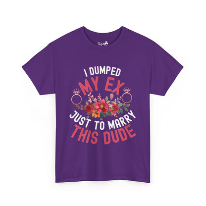 Purple t-shirt with humorous text and floral design on a white background