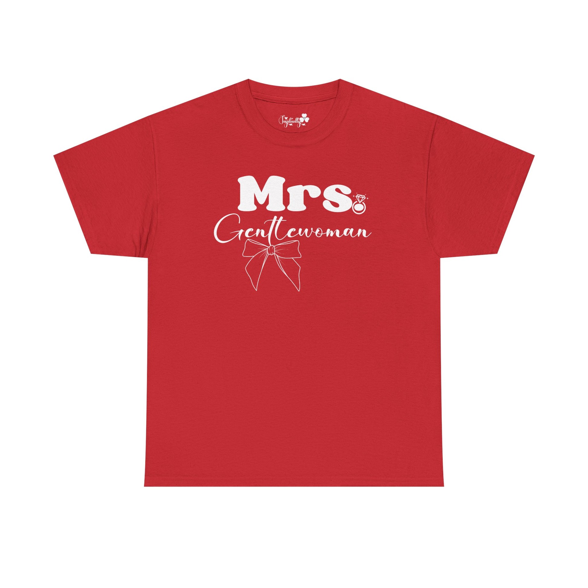 Red t-shirt with 'Mrs. Gentlewoman' text and bow graphic on a white background