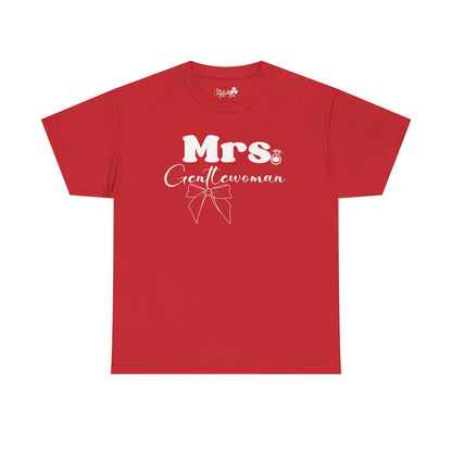 Red t-shirt with 'Mrs. Gentlewoman' text and bow graphic on a white background