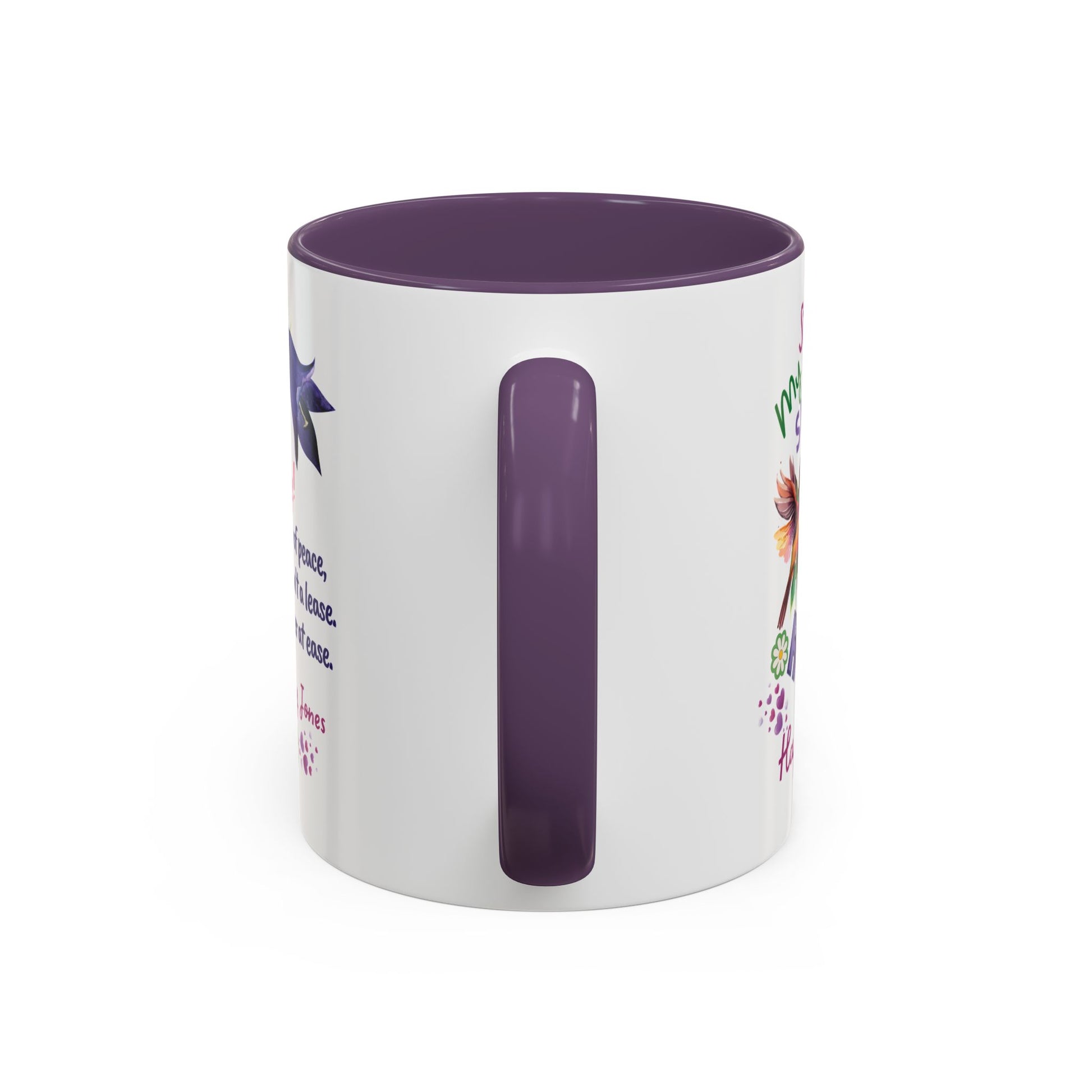 Personalized Birthday Mug for Husbands. White mug with purple interior and handle, featuring floral designs and text on a white background