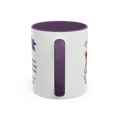 Personalized Birthday Mug for Husbands. White mug with purple interior and handle, featuring floral designs and text on a white background