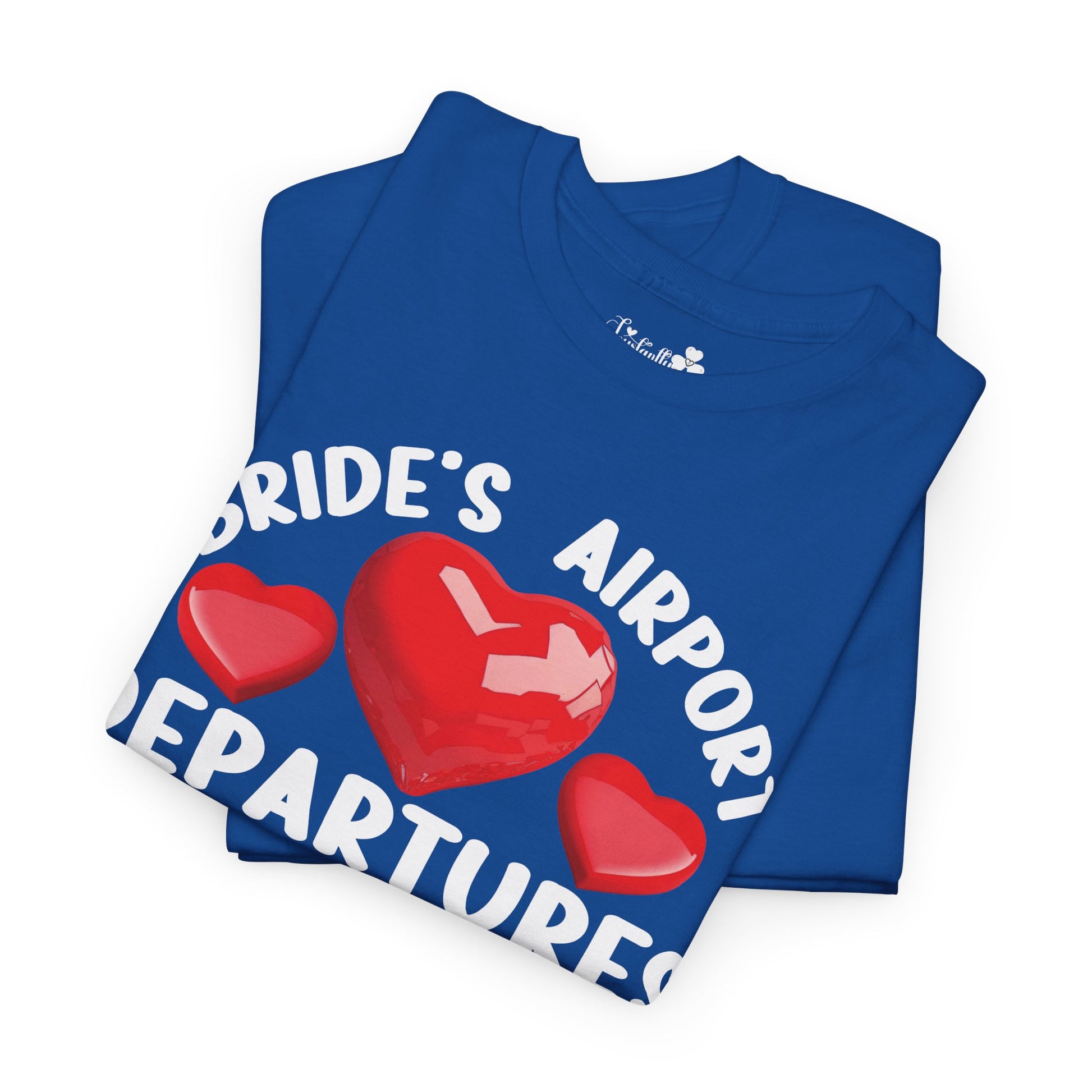 Folded blue t-shirt with red hearts and text on a white background