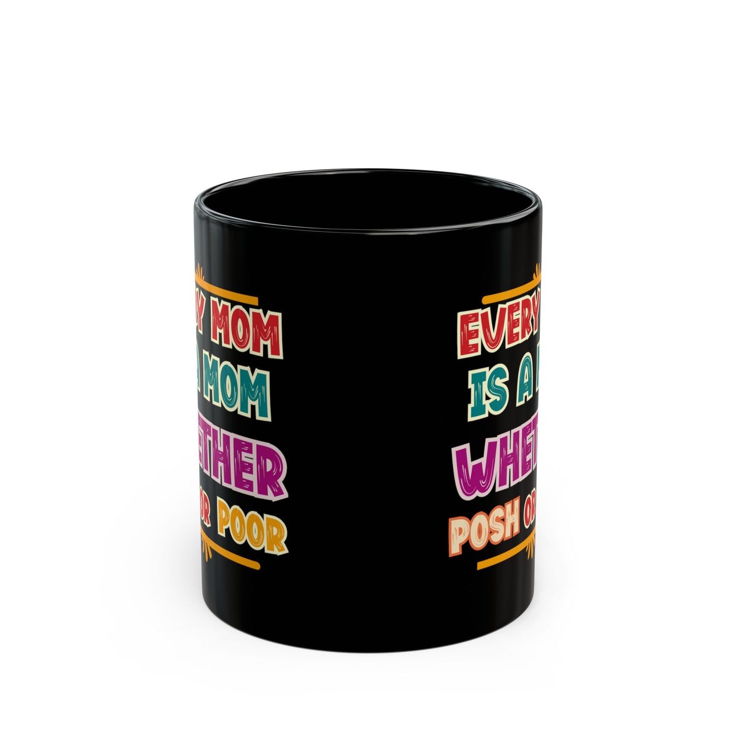 Black mug with colorful text design on a white background