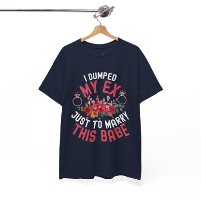 Navy blue t-shirt with colorful text and floral design on a hanger against a white background