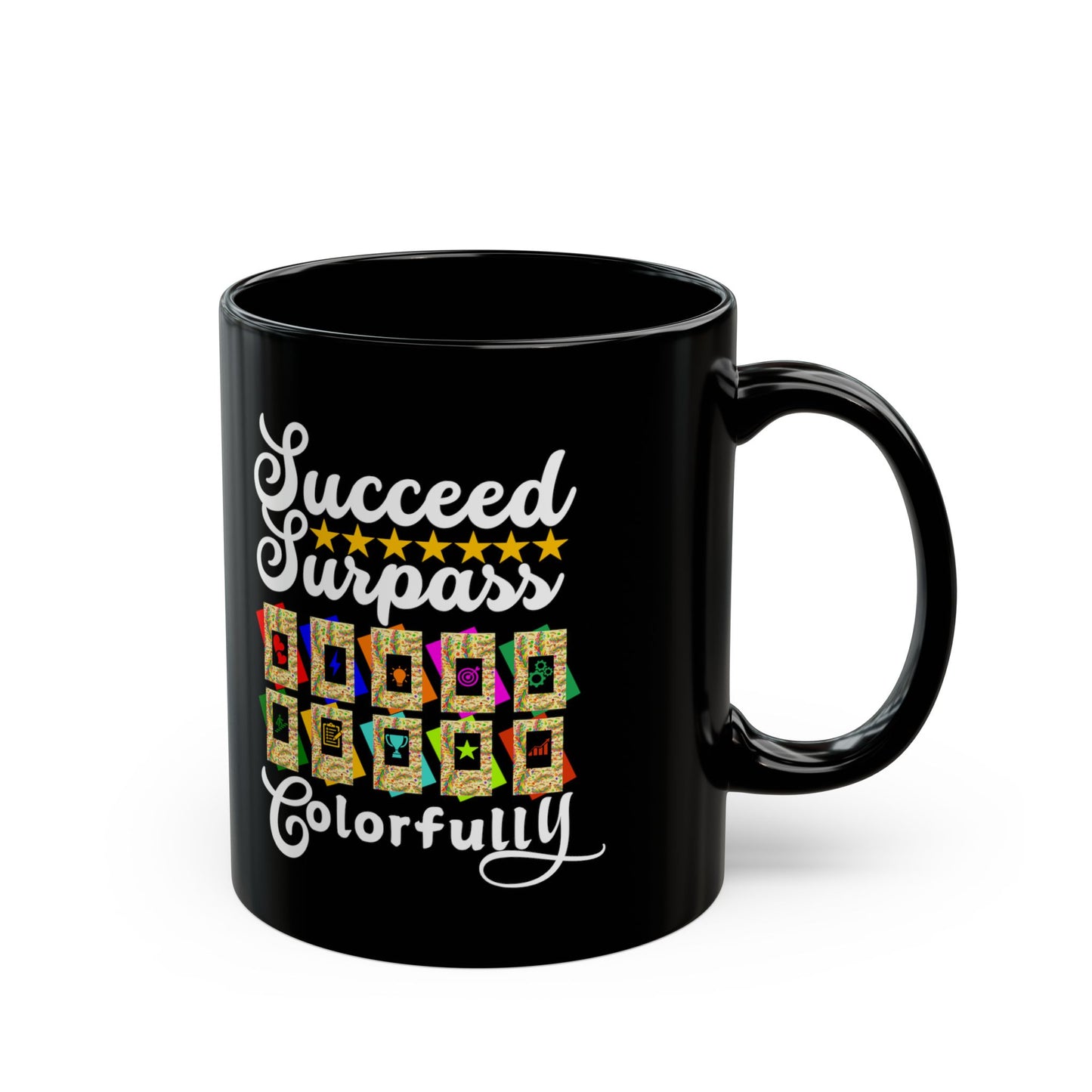 Black mug with a colorful text design on a white background