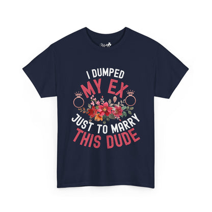 Navy blue t-shirt with humorous text design on a white background
