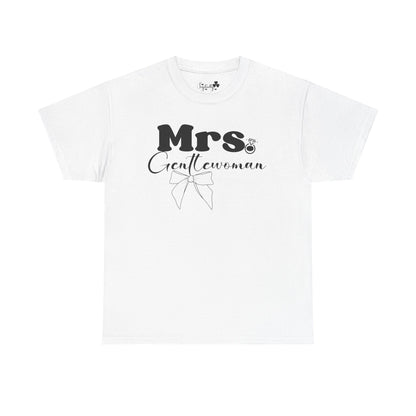 White t-shirt with 'Mrs. Gentlewoman' text and bow design on a white background