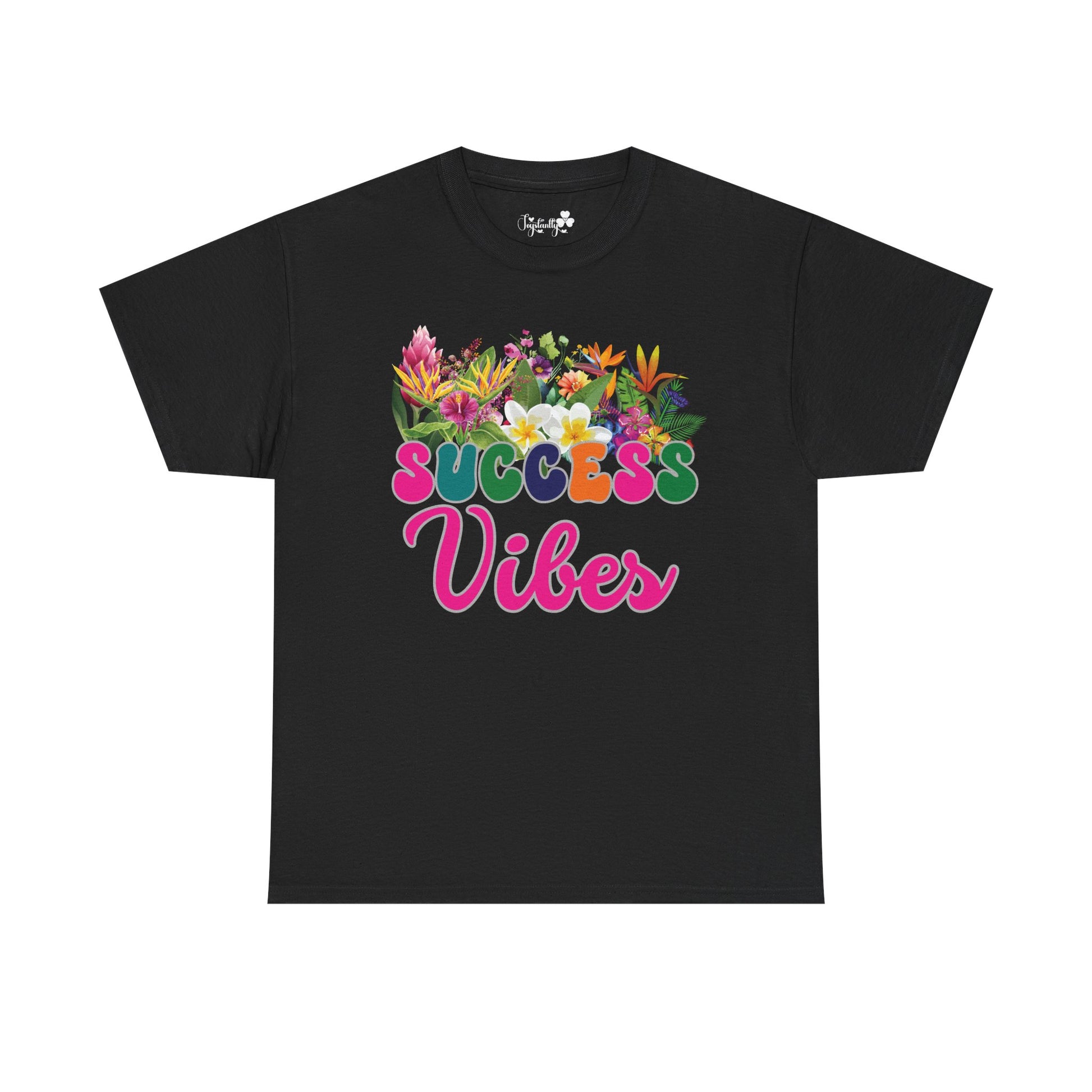 Motivational T-shirt for positive affirmations. Black t-shirt with colorful floral design and 'Success Vibes' text on a white background
