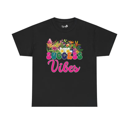 Motivational T-shirt for positive affirmations. Black t-shirt with colorful floral design and 'Success Vibes' text on a white background