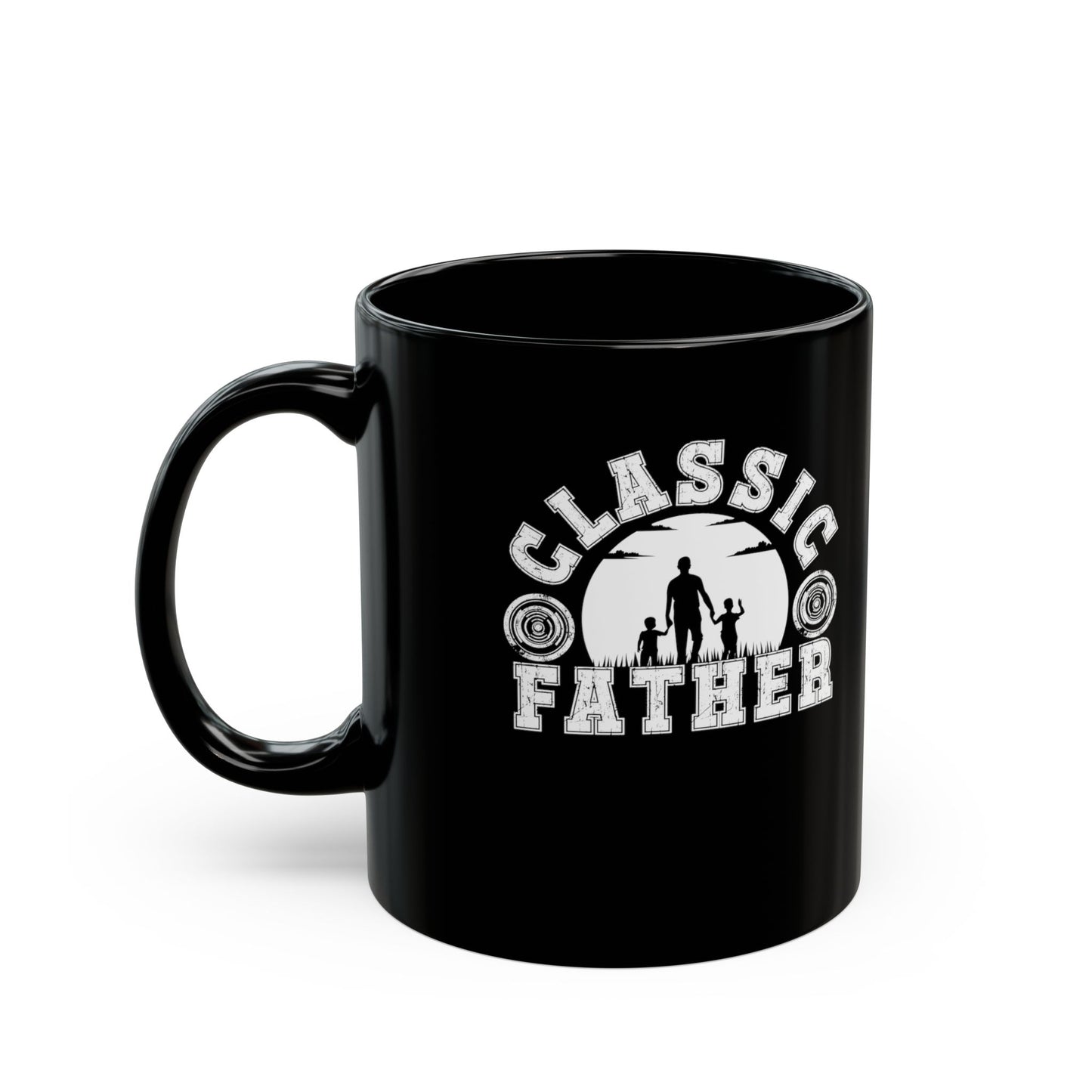 Black mug with 'Classic Father' design on a white background
