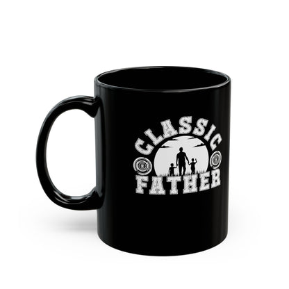 Black mug with 'Classic Father' design on a white background