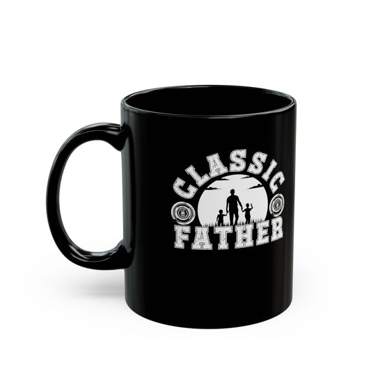 Black mug with 'Classic Father' design on a white background