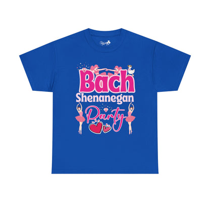 Blue t-shirt with pink and white text and graphics on a white background