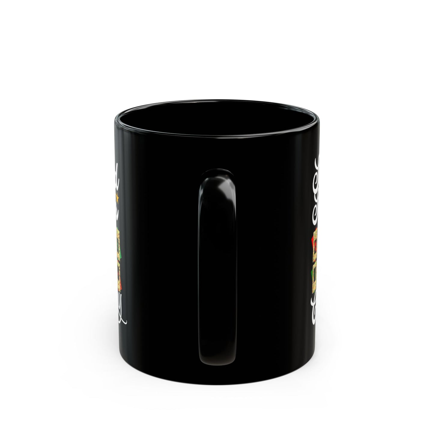Black mug with colorful geometric pattern on a white background