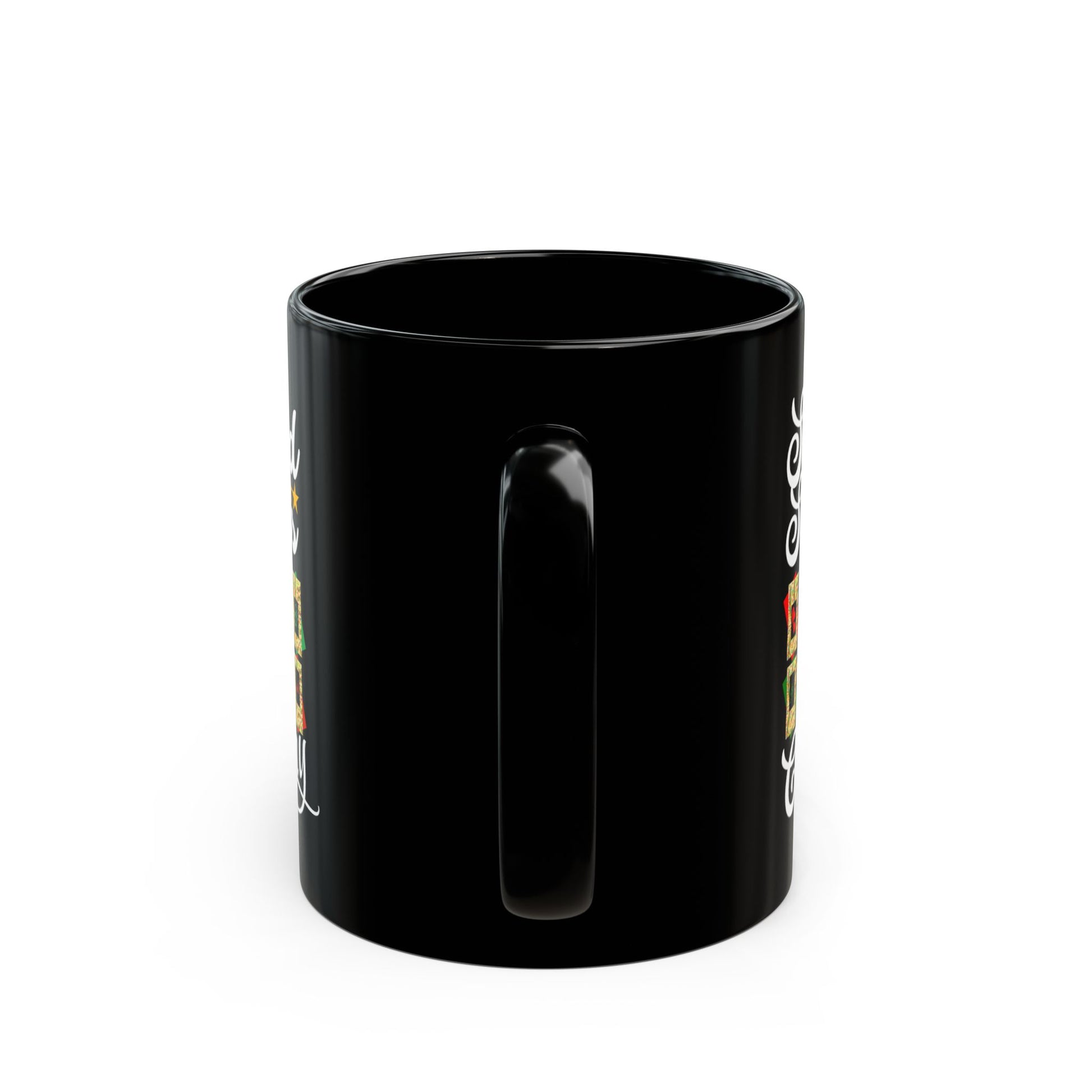 Black mug with colorful geometric pattern on a white background