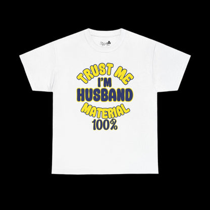 White t-shirt with yellow text on a white background