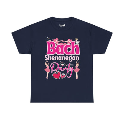 Navy blue t-shirt with pink and white text and graphics on a white background
