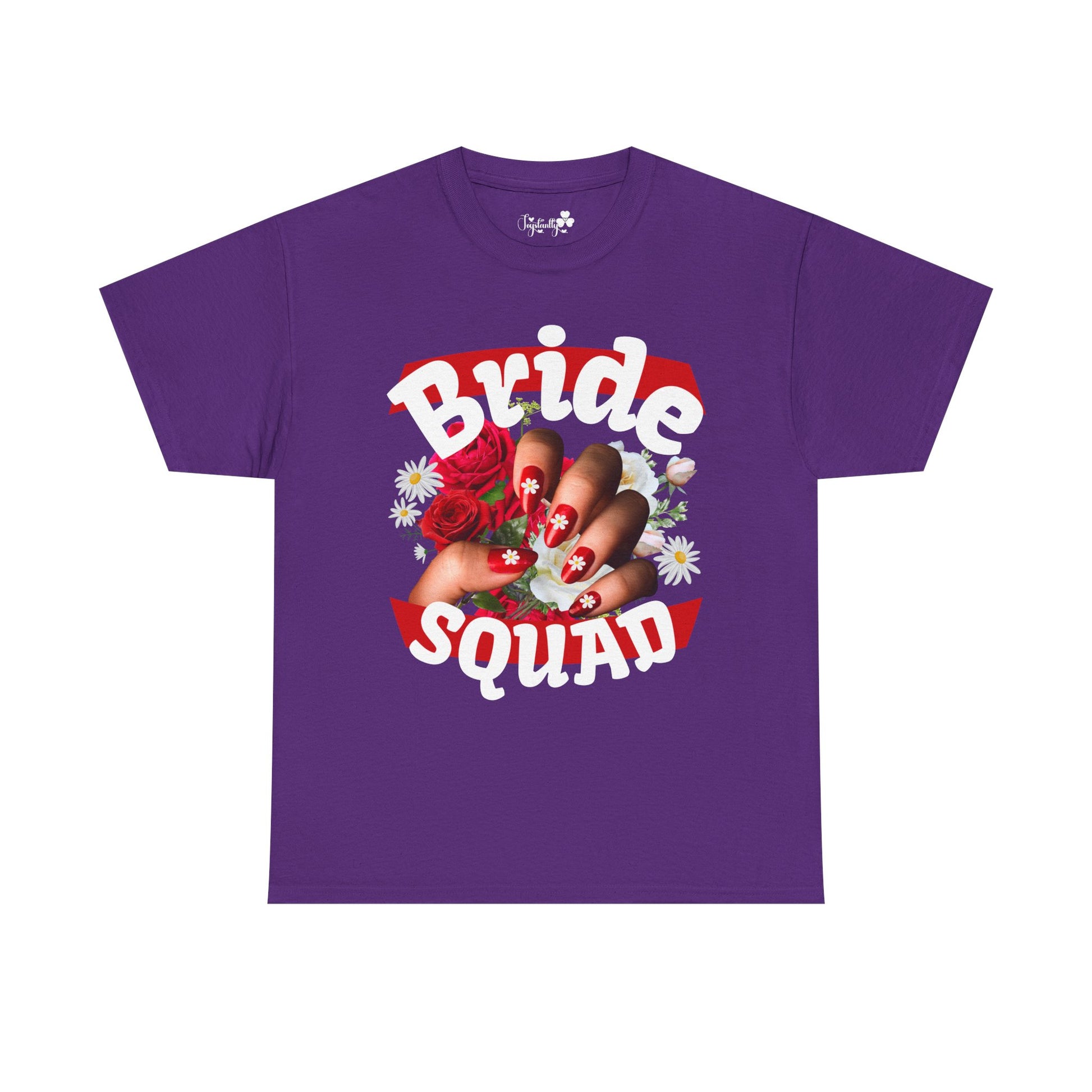 Purple t-shirt with 'Bride Squad' design featuring a hand holding roses on a white background