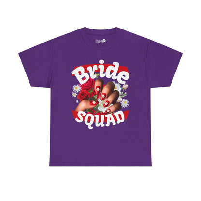 Purple t-shirt with 'Bride Squad' design featuring a hand holding roses on a white background