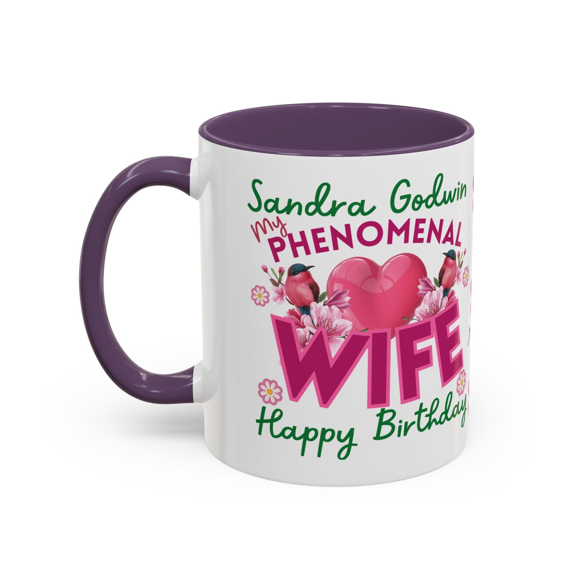 Personalized Birthday Mug for Wives. White mug with purple handle and interior, featuring personalized text and decorative elements on a white background.